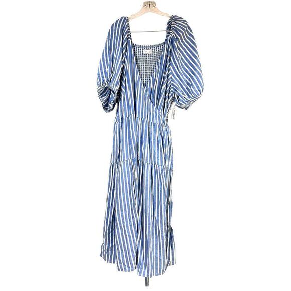 Old Navy Wrap Maxi Dress Womens 4X Blue Striped Puff Sleeve Side Tie Vacation - Picture 9 of 10